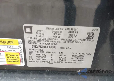 2014 GMC Acadia Slt-1 из США, поврежденный, VIN 1GKKVRKD4EJ361008